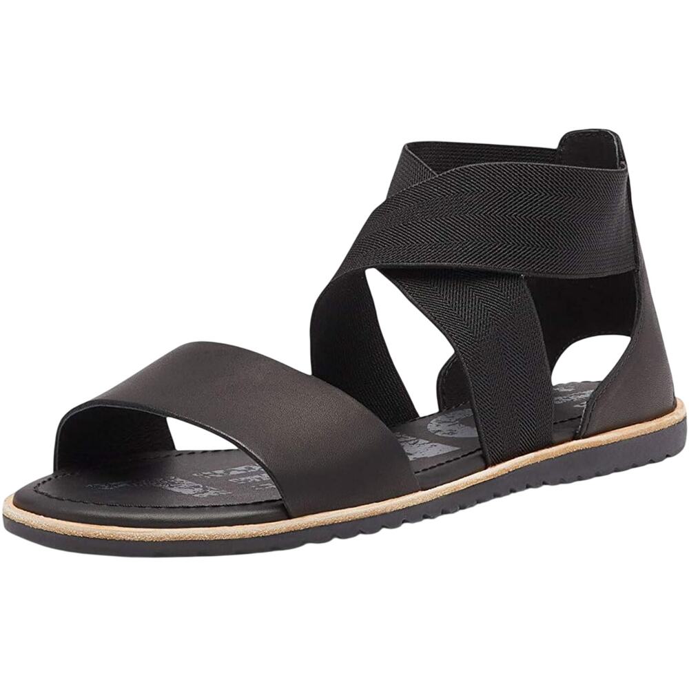 Sorel Ella Sandals Full Grain Leather Gladiator Slip On Flat Black 7.5